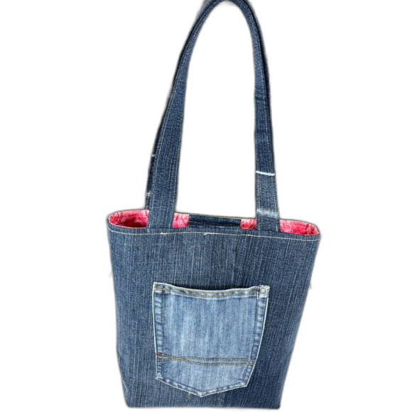 Handmade Upcycled Denim Floral Small Tote Bag Magnetic Closure Pockets Cotton - Picture 2 of 11